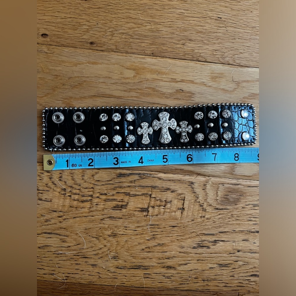 Large leather bracelet with rhinestone and 3 cross